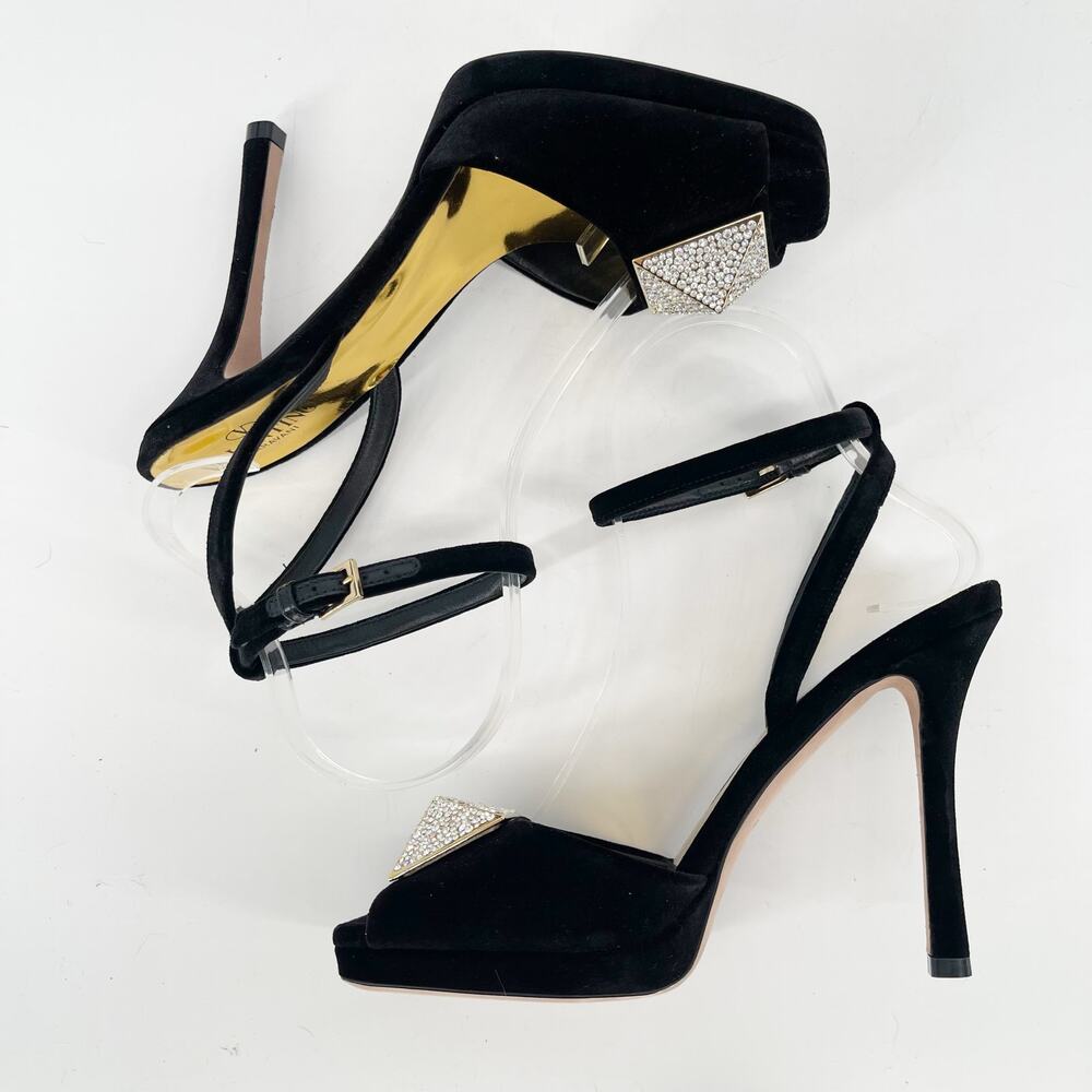 Valentino Garavani Black Velvet Crystal One Stud Stiletto Strappy Sandals EU 38 - Picture 4 of 11